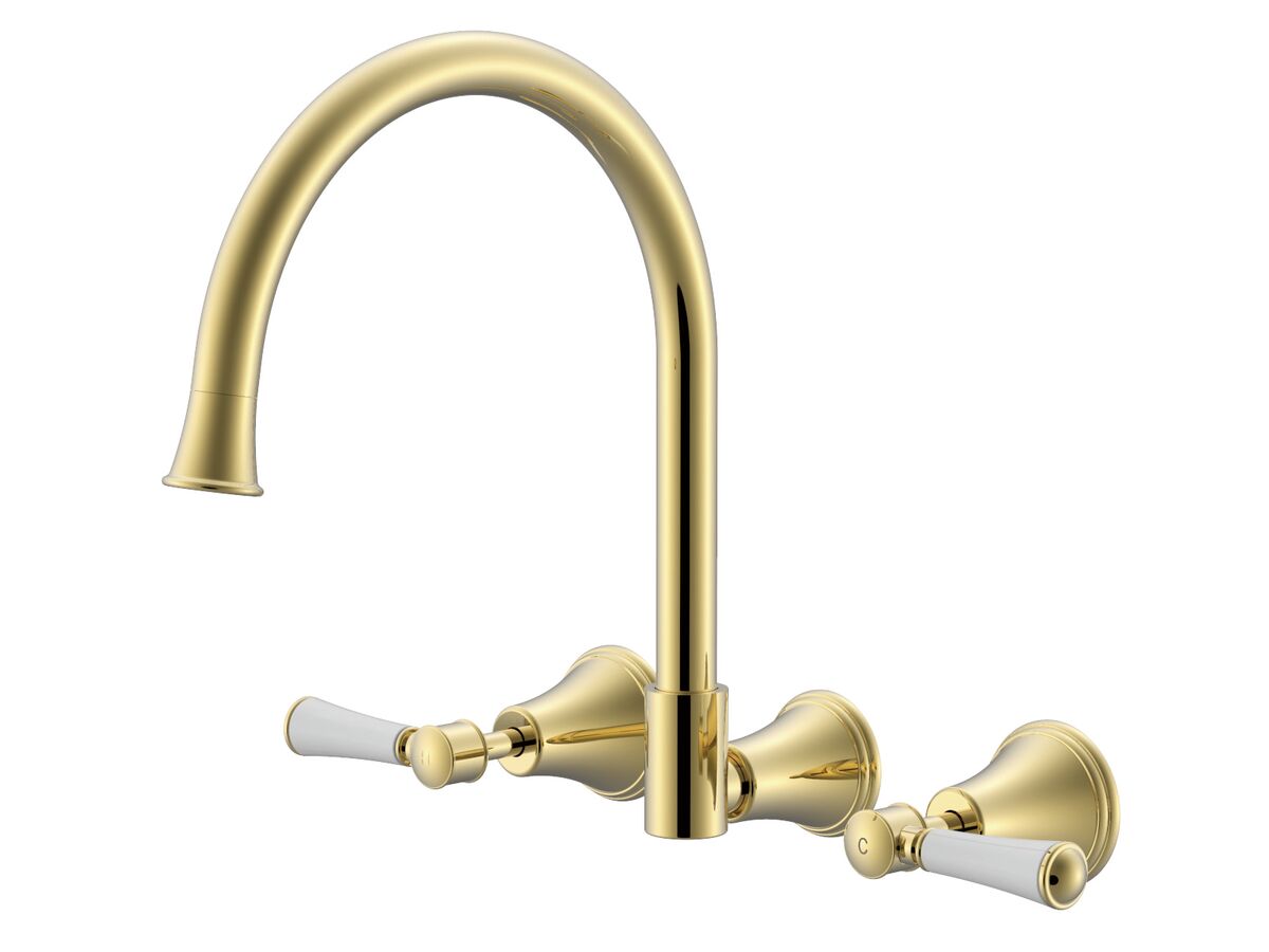 reece Posh Canterbury Wall Gooseneck Sink Set Lever Porcelain Handle Polished Brass Gold (4 Star) Lead Free