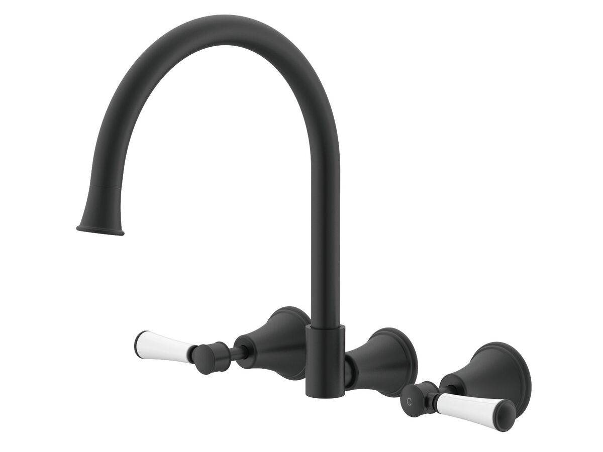 reece Posh Canterbury Wall Gooseneck Sink Set Lever Porcelain Handle Matte Black (4 Star) Lead Free