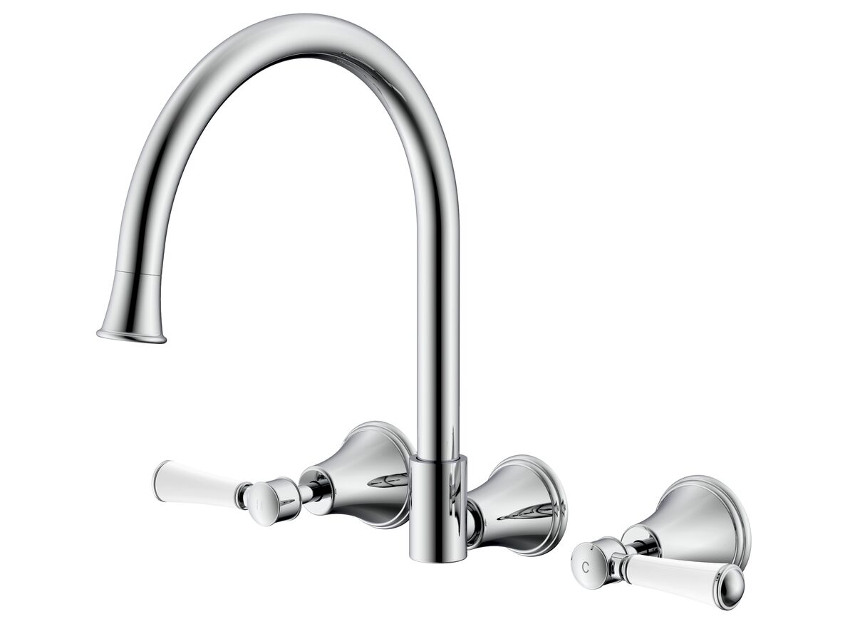 reece Posh Canterbury Wall Gooseneck Sink Set Lever Porcelain Handles Chrome (4 Star)