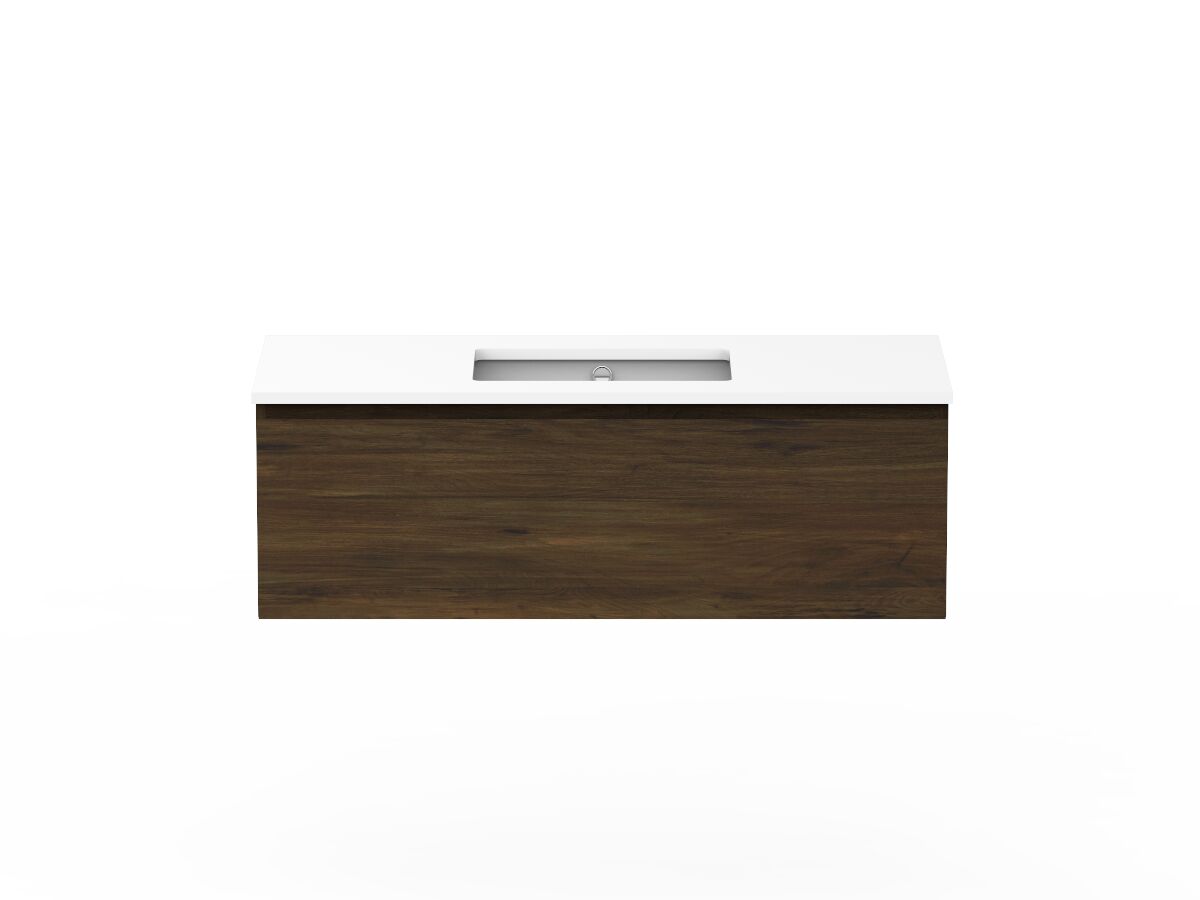 reece Posh Domaine All Drawer 1200mm Wall Hung Vanity Centre Basin 20mm Cherry Pie Top