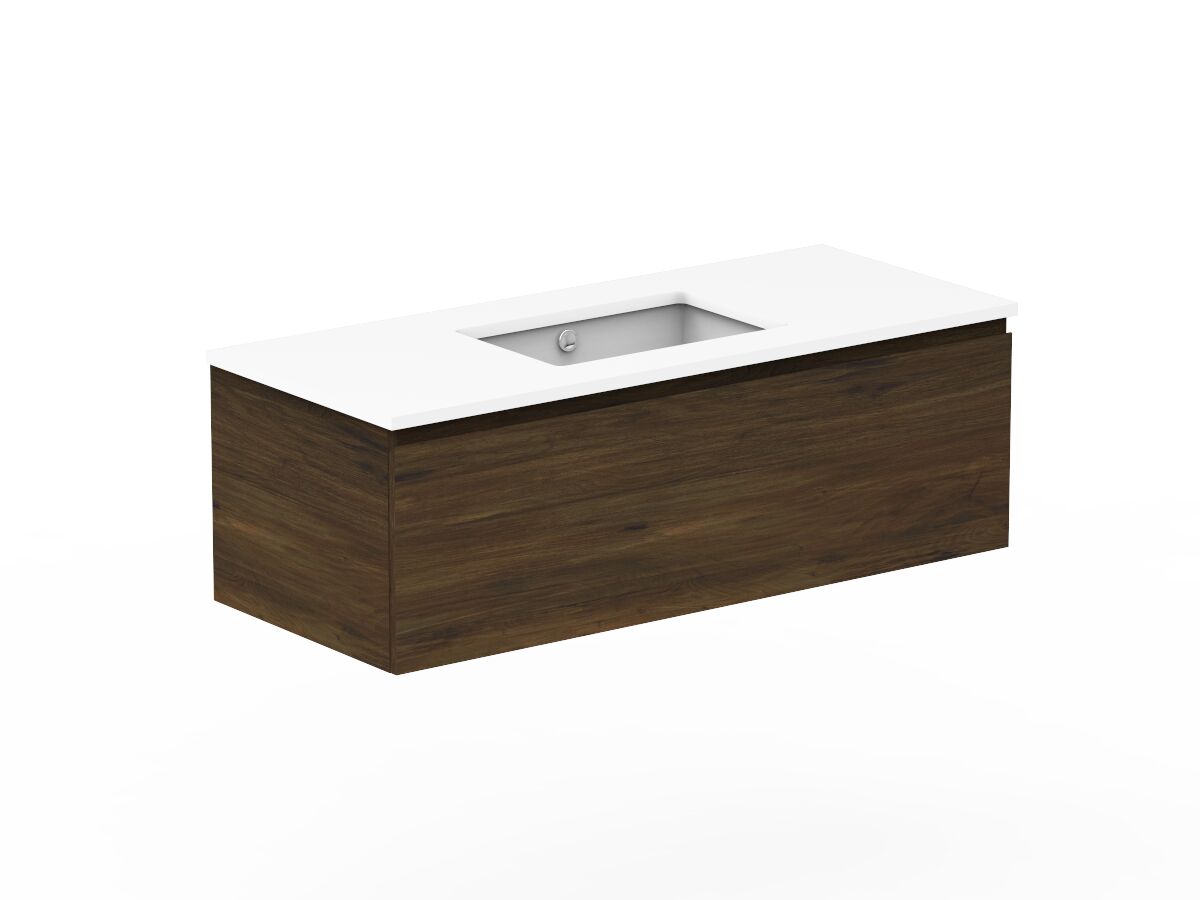Reece Posh Domaine All Drawer 1200mm Wall Hung Vanity Centre Basin 20mm Cherry Pie Top