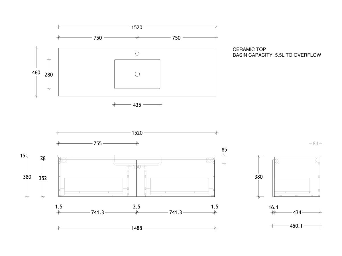 Reece Posh Domaine All Drawer 1500mm Wall Hung Vanity Centre Basin Matte White Ceramic Top