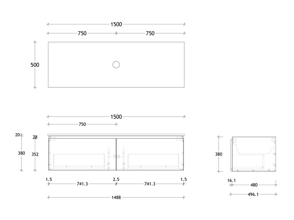 Reece Posh Domaine All Drawer 1500mm Wall Hung Vanity Centre Basin 20mm Cherry Pie Top