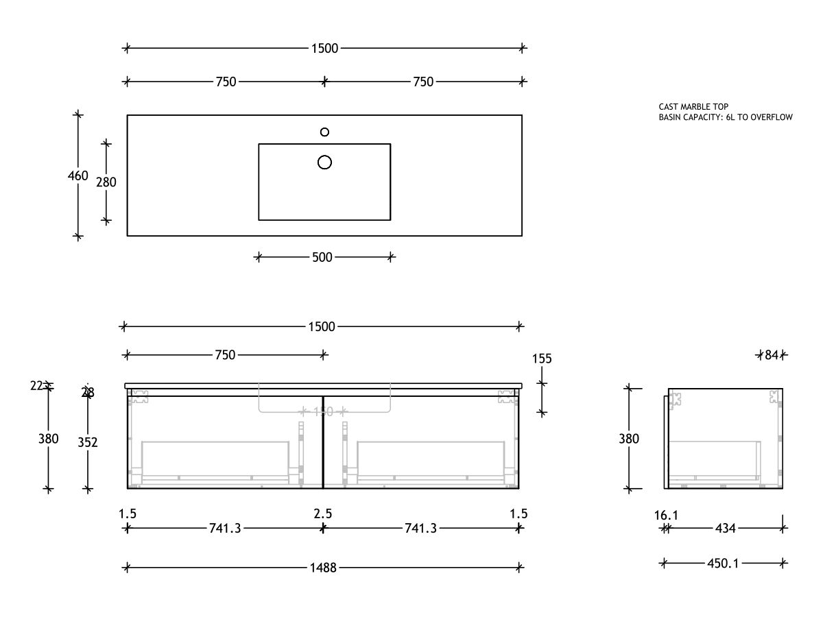 Reece Posh Domaine All Drawer 1500mm Wall Hung Vanity Centre Basin Cast Marble Top