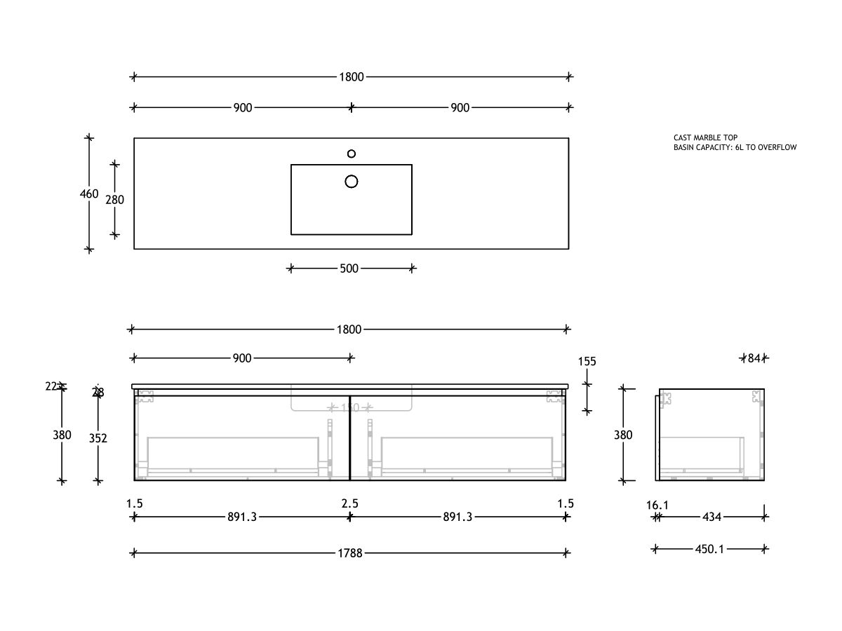 Reece Posh Domaine All Drawer 1800mm Wall Hung Vanity Centre Basin Cast Marble Top