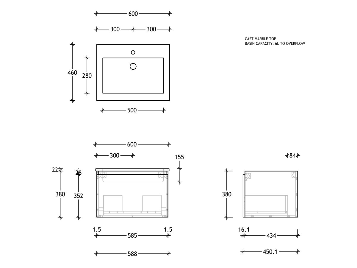 Reece Posh Domaine All Drawer 600mm Wall Hung Vanity Centre Basin Cast Marble Top