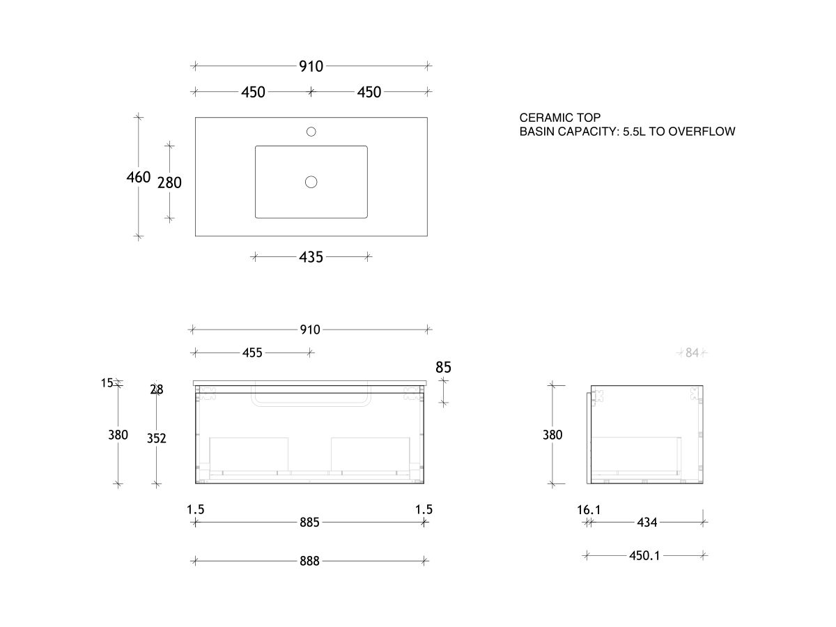 Reece Posh Domaine All Drawer 900mm Wall Hung Vanity Centre Basin Matte White Ceramic Top