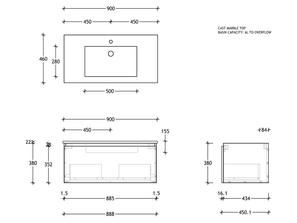 Reece Posh Domaine All Drawer 900mm Wall Hung Vanity Centre Basin Cast Marble Top