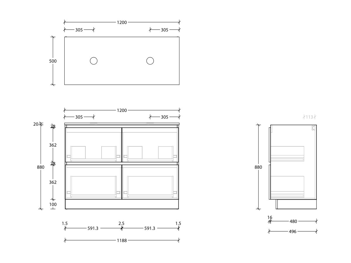 Reece Posh Domaine All Drawer Twin 1200mm Floor Mounted Vanity Double Basin 20mm Cherry Pie Top
