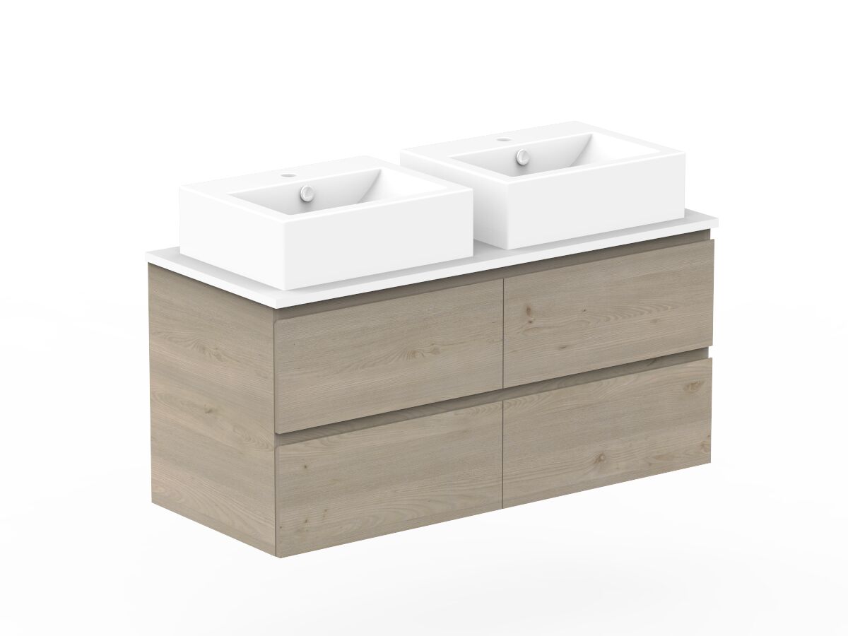Reece Posh Domaine All Drawer Twin 1200mm Wall Hung Vanity Double Basin 20mm Cherry Pie Top