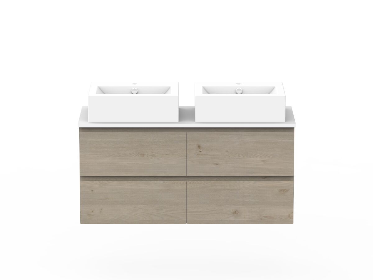 reece Posh Domaine All Drawer Twin 1200mm Wall Hung Vanity Double Basin 20mm Cherry Pie Top