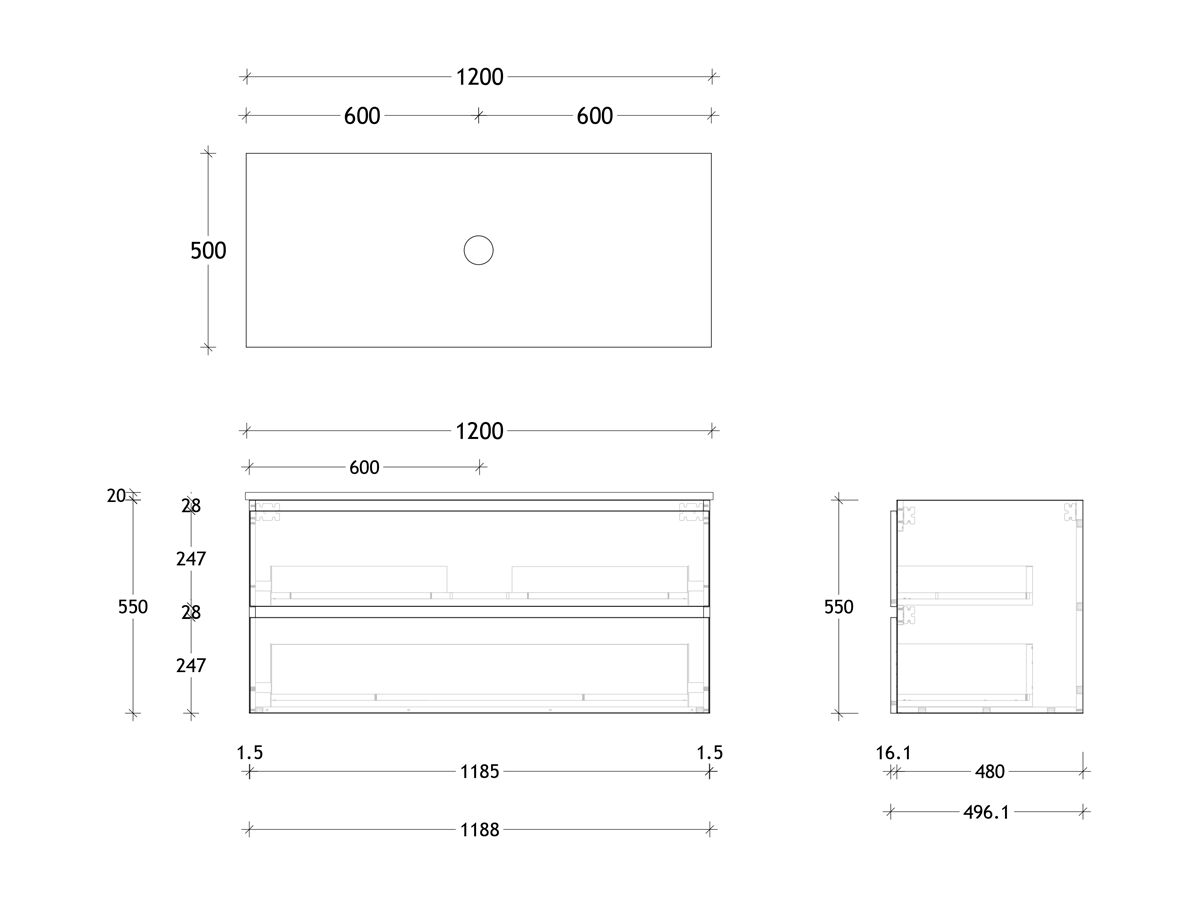 Reece Posh Domaine All Drawer Twin 1200mm Wall Hung Vanity Centre Basin 20mm Cherry Pie Top