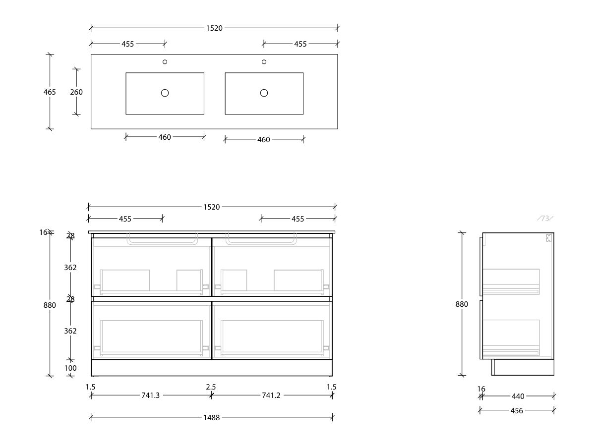 Reece Posh Domaine All Drawer Twin 1500mm Floor Mounted Vanity Double Basin Ceramic Top