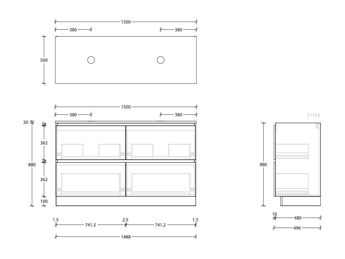Reece Posh Domaine All Drawer Twin 1500mm Floor Mounted Vanity Double Basin 20mm Cherry Pie Top