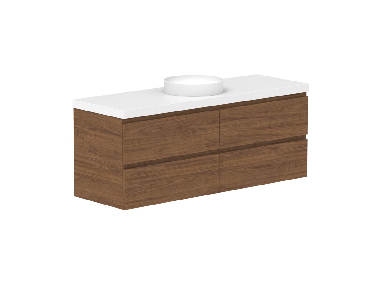 Reece Posh Domaine All Drawer Twin 1500mm Wall Hung Vanity Centre Basin 50mm Cherry Pie Top