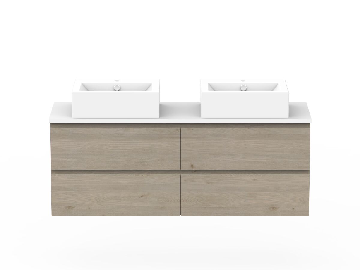 reece Posh Domaine All Drawer Twin 1500mm Wall Hung Vanity Double Basin 20mm Cherry Pie Top