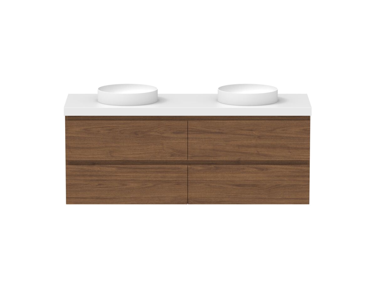 reece Posh Domaine All Drawer Twin 1500mm Wall Hung Vanity Double Basin 50mm Cherry Pie Top