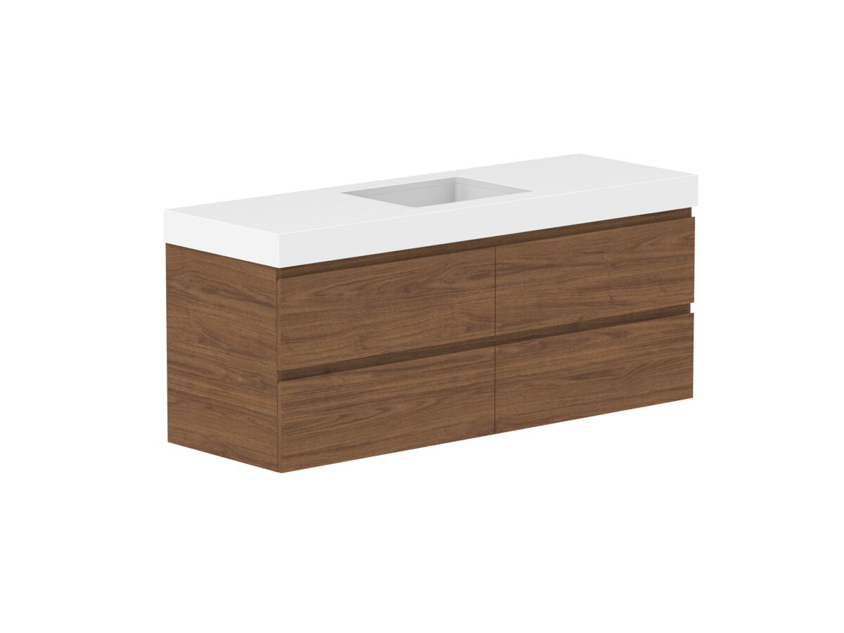 Reece Posh Domaine All Drawer Twin 1500mm Wall Hung Vanity Centre Basin 90mm Cherry Pie Top