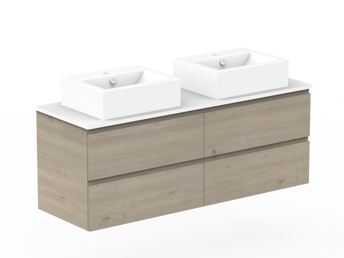 Reece Posh Domaine All Drawer Twin 1500mm Wall Hung Vanity Double Basin 20mm Cherry Pie Top