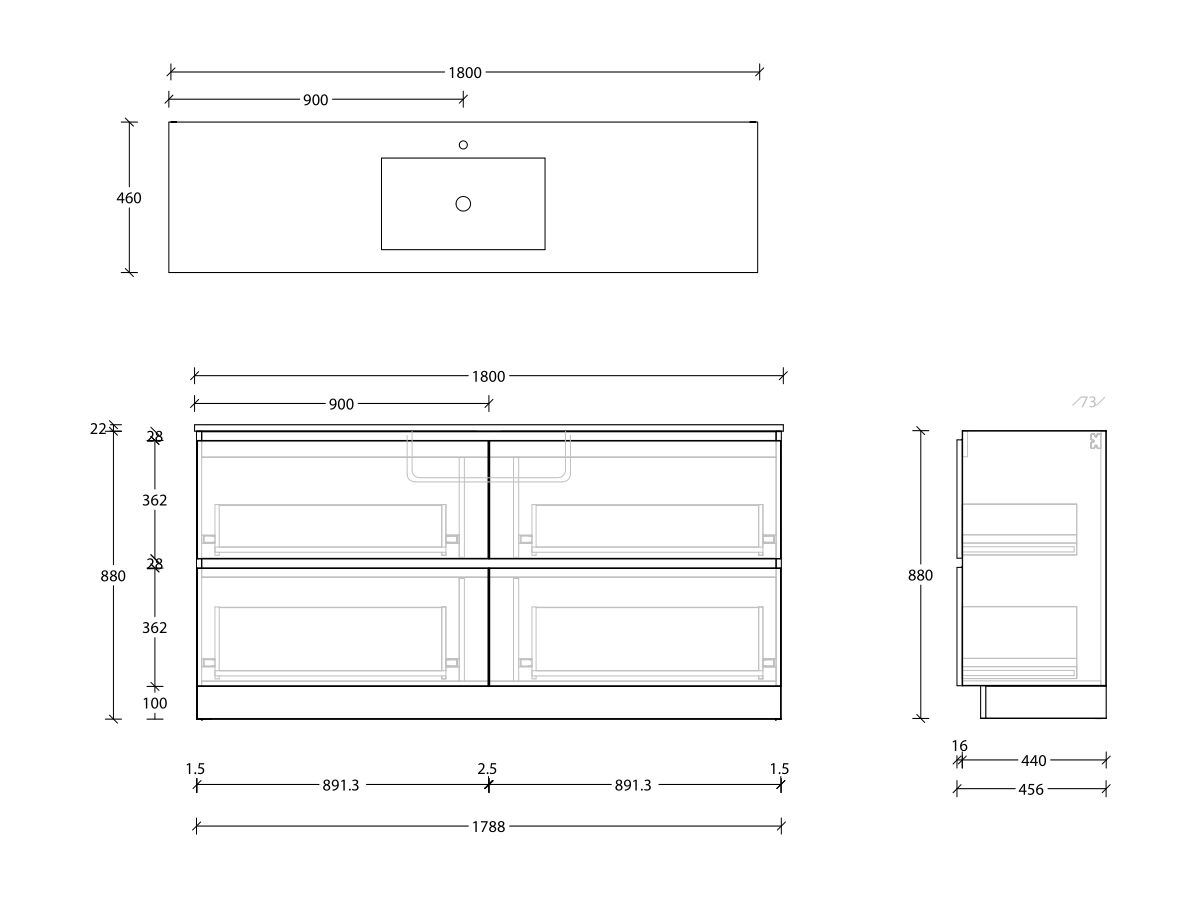 Reece Posh Domaine All Drawer Twin 1800mm Floor Mounted Vanity Centre Basin Cast Marble Top