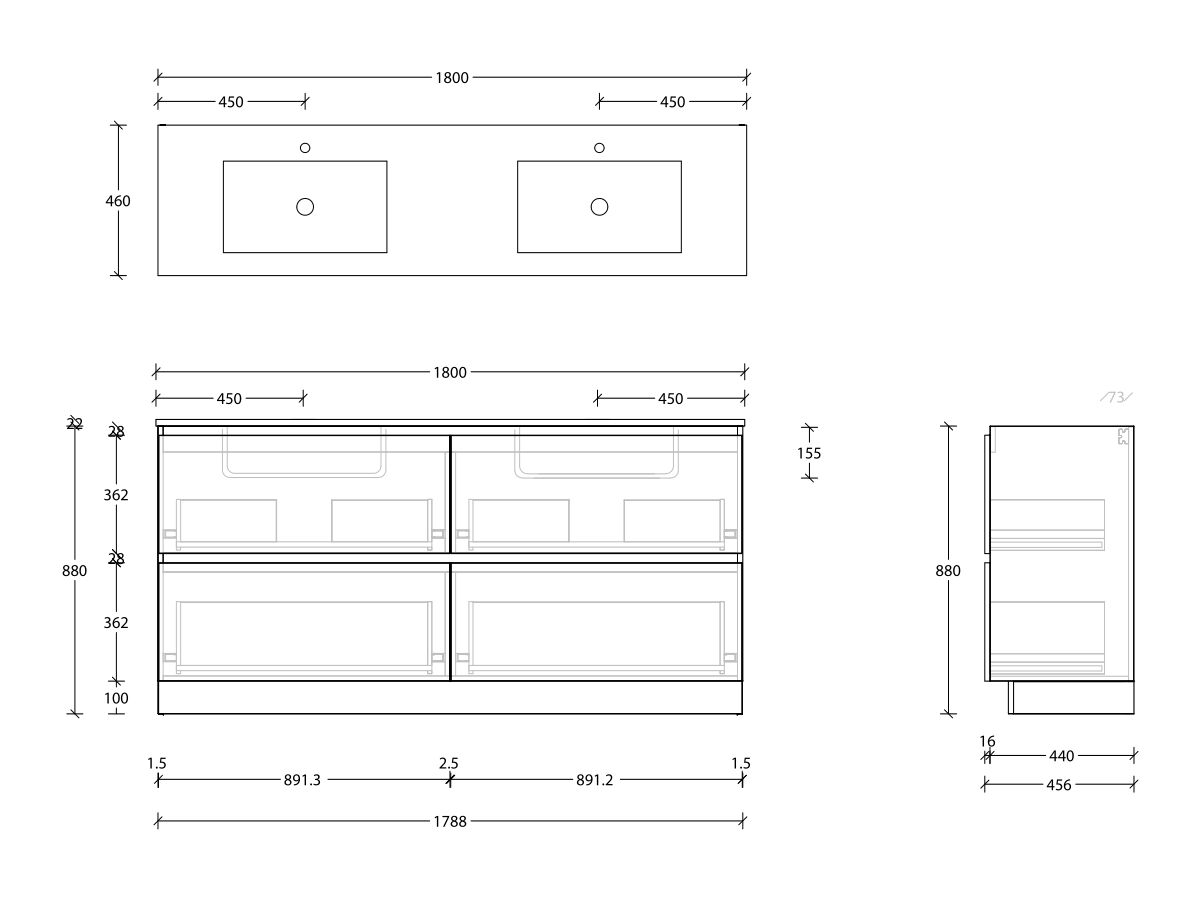 Reece Posh Domaine All Drawer Twin 1800mm Floor Mounted Vanity Double Basin Cast Marble Top
