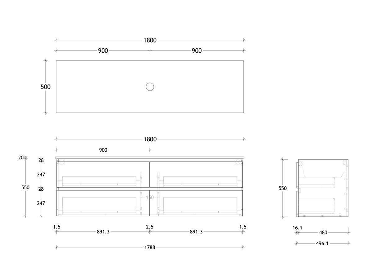 Reece Posh Domaine All Drawer Twin 1800mm Wall Hung Vanity Centre Basin 20mm Cherry Pie Top