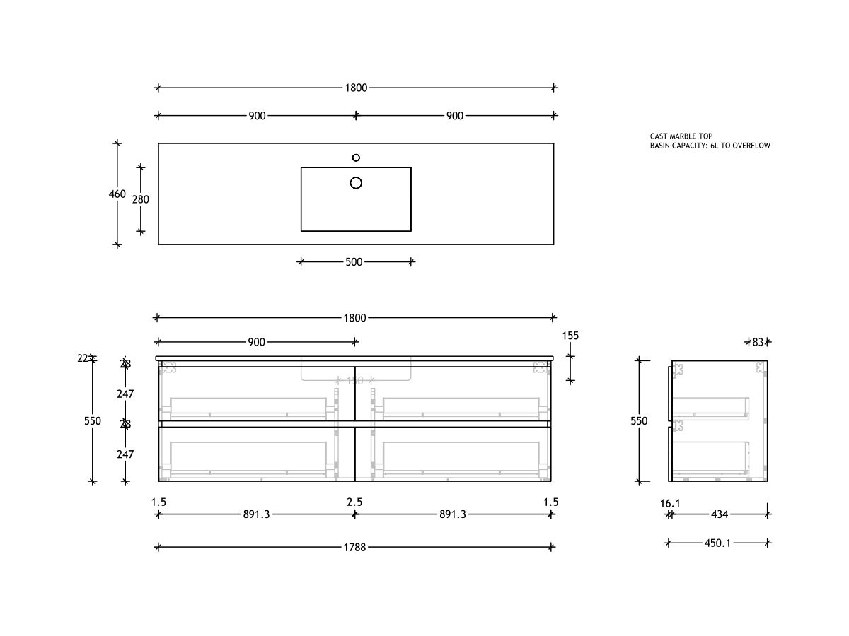 Reece Posh Domaine All Drawer Twin 1800mm Wall Hung Vanity Centre Basin Cast Marble Top