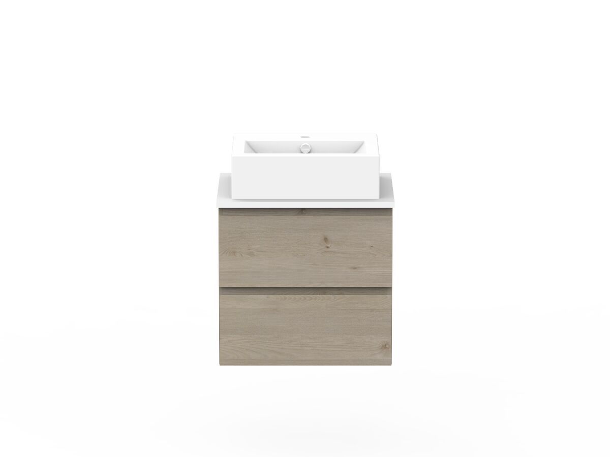 reece Posh Domaine All Drawer Twin 600mm Wall Hung Vanity Centre Basin 20mm Cherry Pie Top