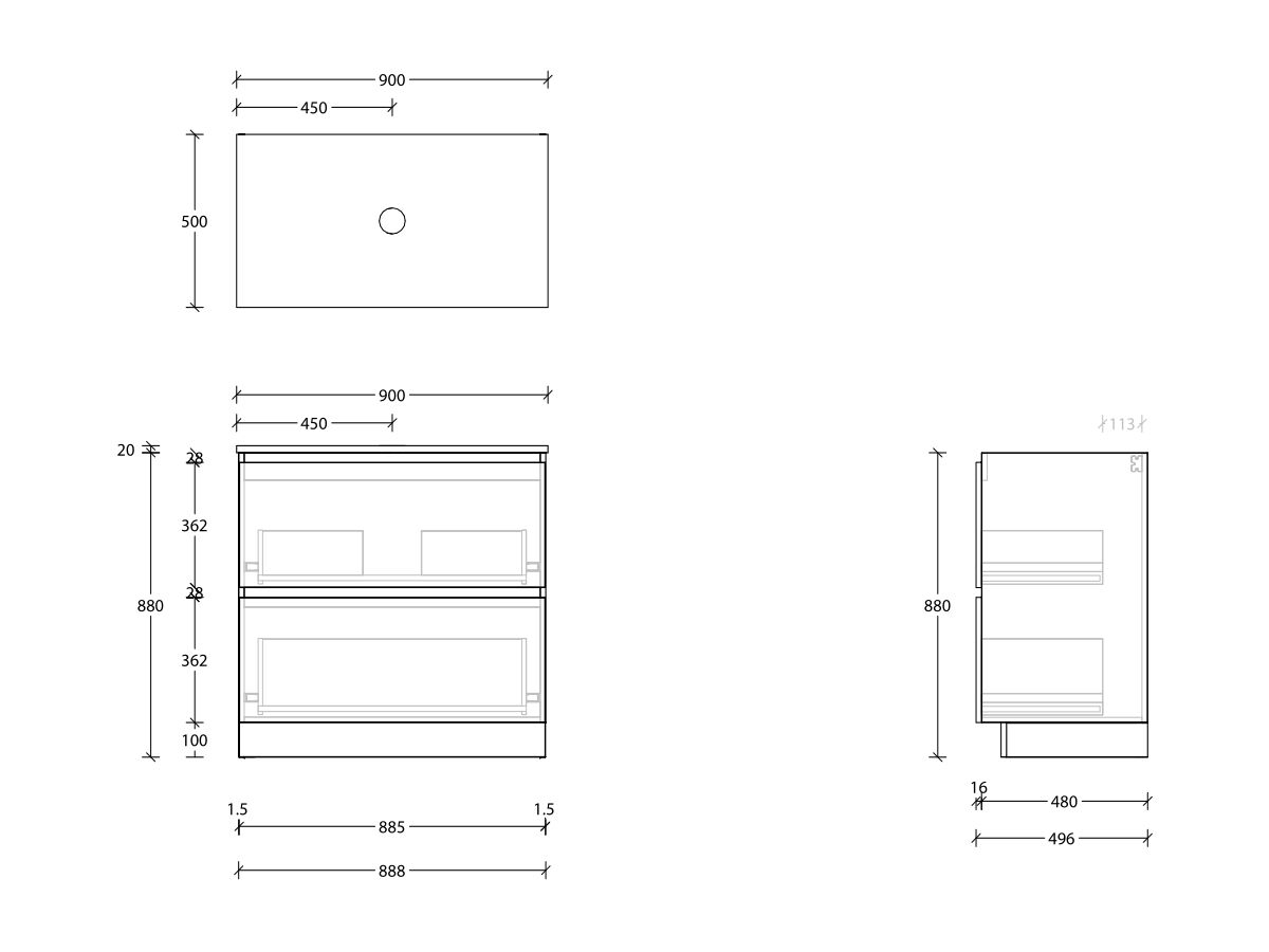 Reece Posh Domaine All Drawer Twin 900mm Floor Mounted Vanity Centre Basin 20mm Cherry Pie Top