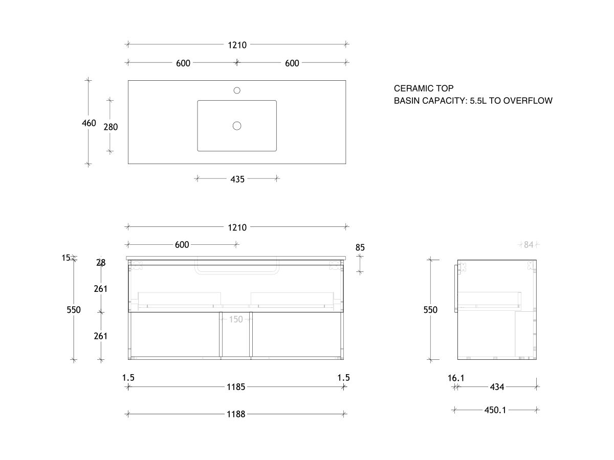 Reece Posh Domaine All Drawer With Shelf 1200mm Wall Hung Vanity Centre Basin Matte White Ceramic Top
