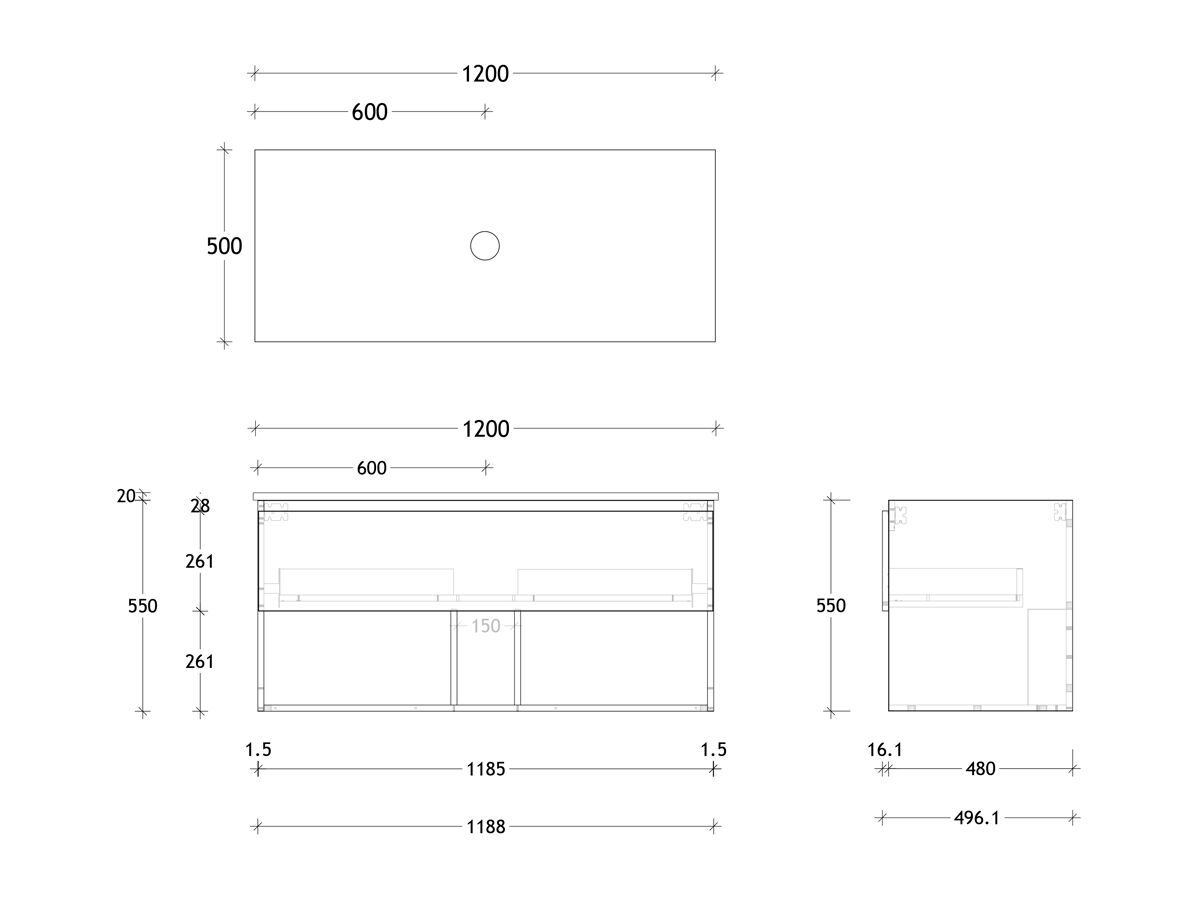 Reece Posh Domaine All Drawer With Shelf 1200mm Wall Hung Vanity Centre Basin 20mm Cherry Pie Top