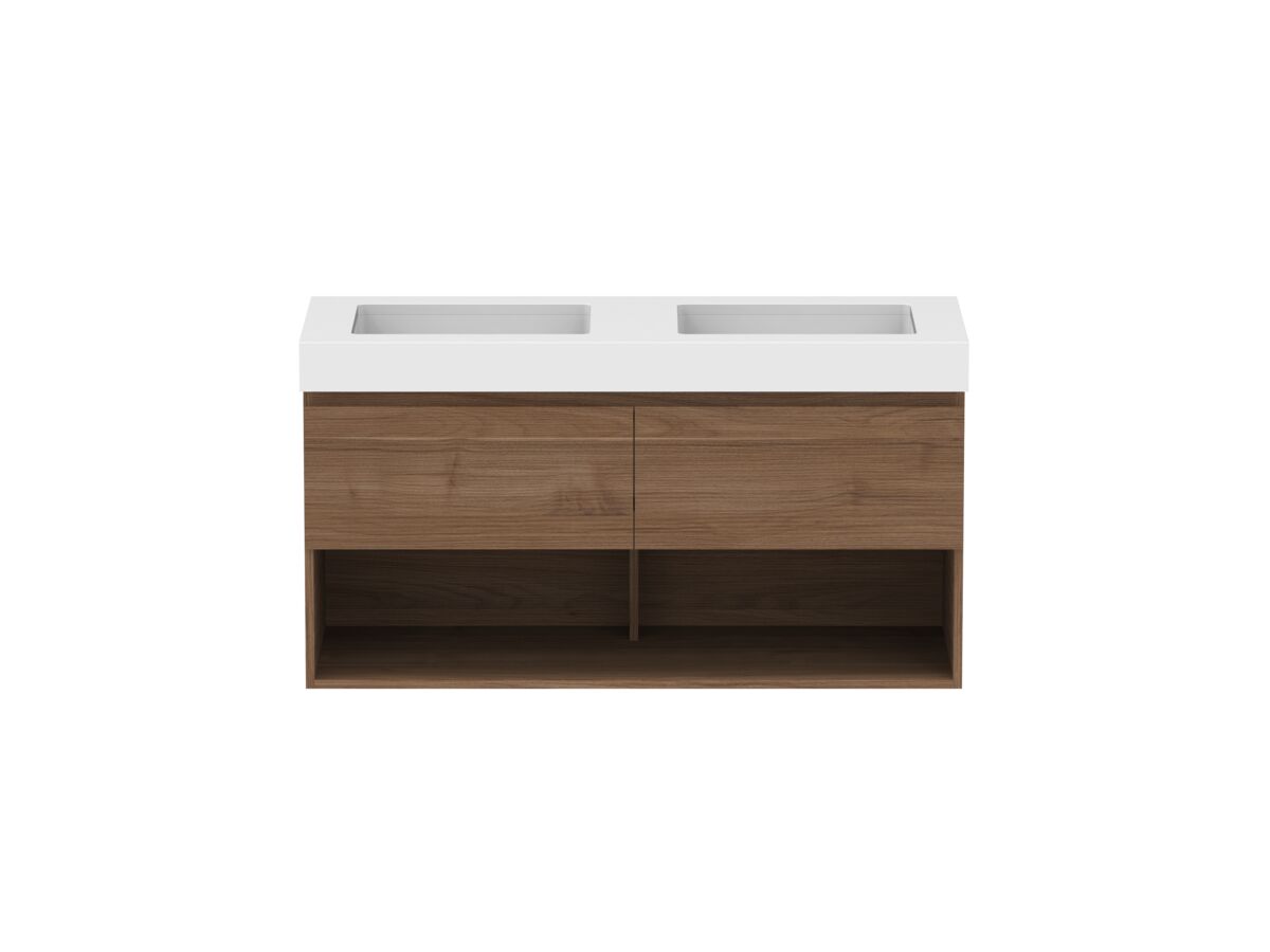 reece Posh Domaine All Drawer with Shelf 1200mm Wall Hung Vanity Double Basin 90mm Cherry Pie Top