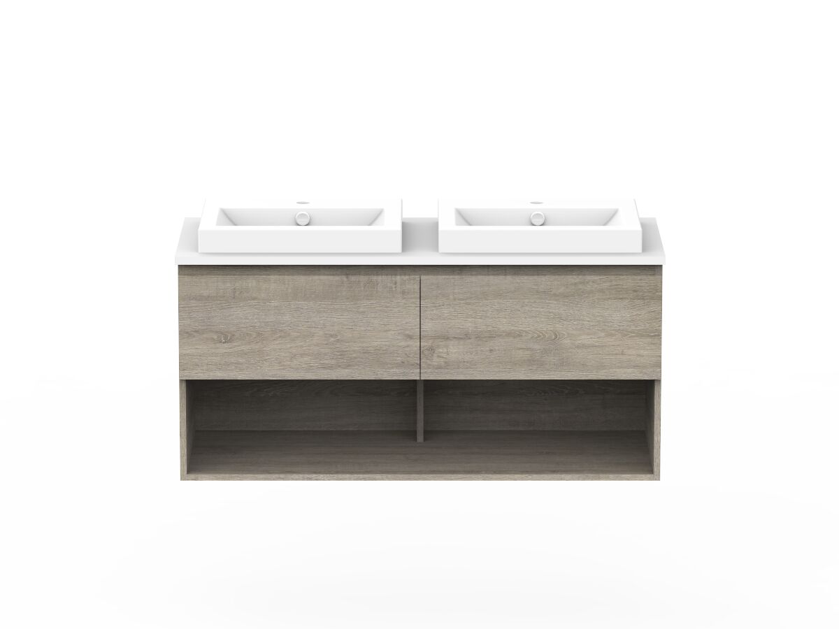 reece Posh Domaine All Drawer with Shelf 1200mm Wall Hung Vanity Double Basin 20mm Cherry Pie Top