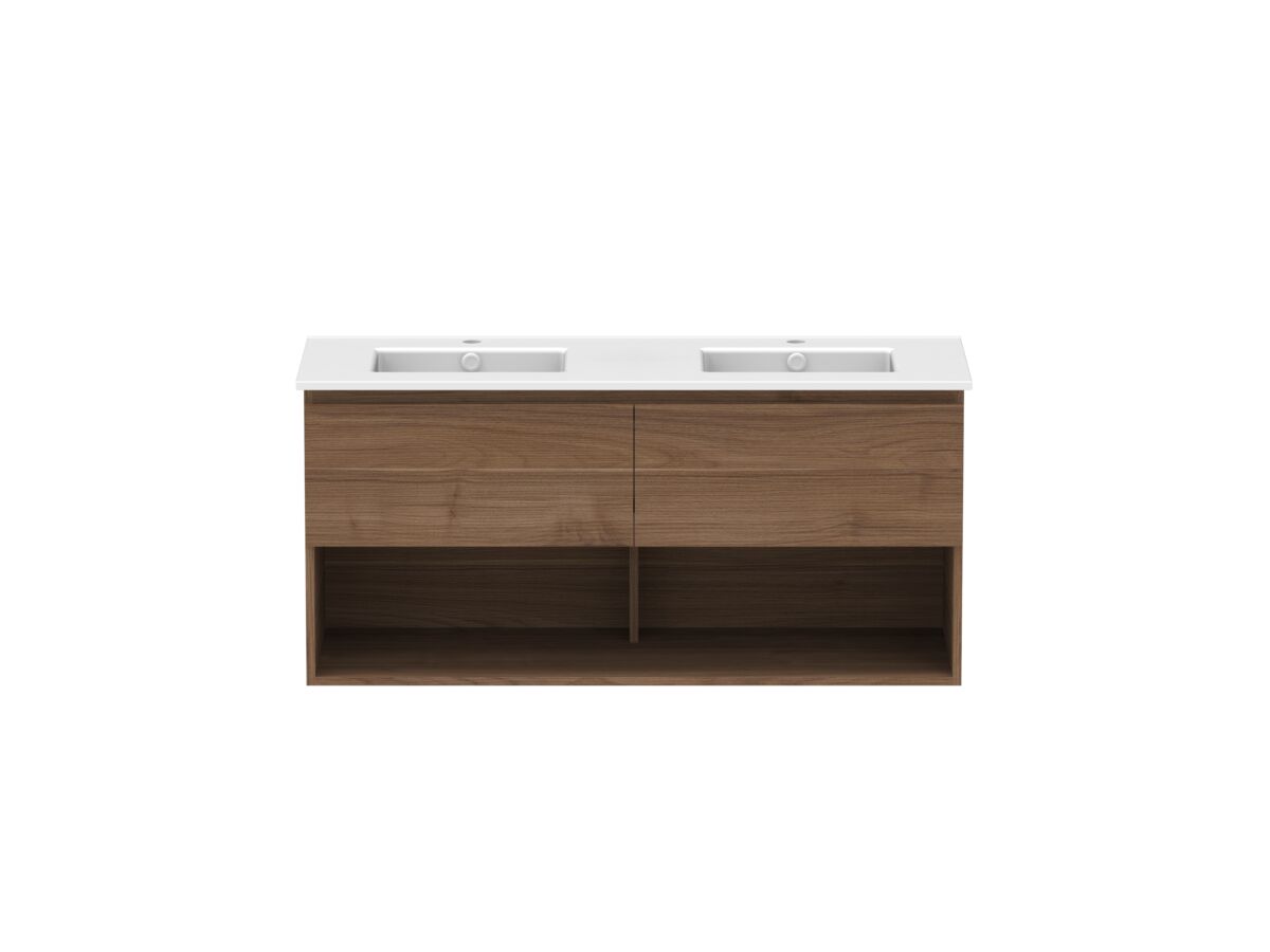 reece Posh Domaine All Drawer with Shelf 1200mm Wall Hung Vanity Double Basin Matte White Ceramic Top
