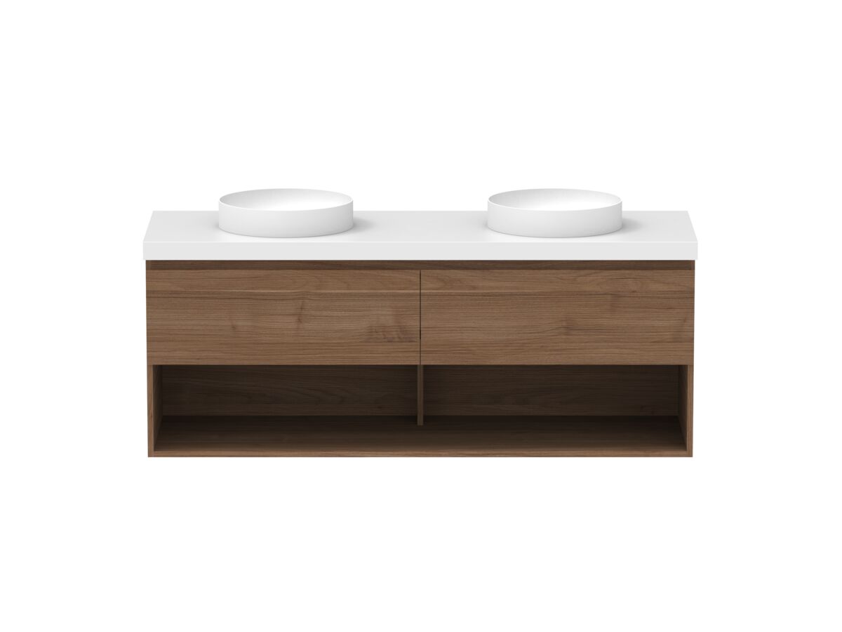 reece Posh Domaine All Drawer with Shelf 1500mm Wall Hung Vanity Double Basin 50mm Cherry Pie Top