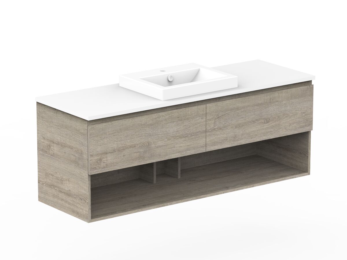 Reece Posh Domaine All Drawer With Shelf 1500mm Wall Hung Vanity Centre Basin 20mm Cherry Pie Top
