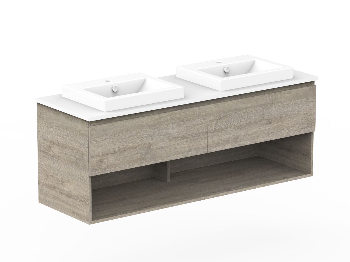Reece Posh Domaine All Drawer With Shelf 1500mm Wall Hung Vanity Double Basin 20mm Cherry Pie Top