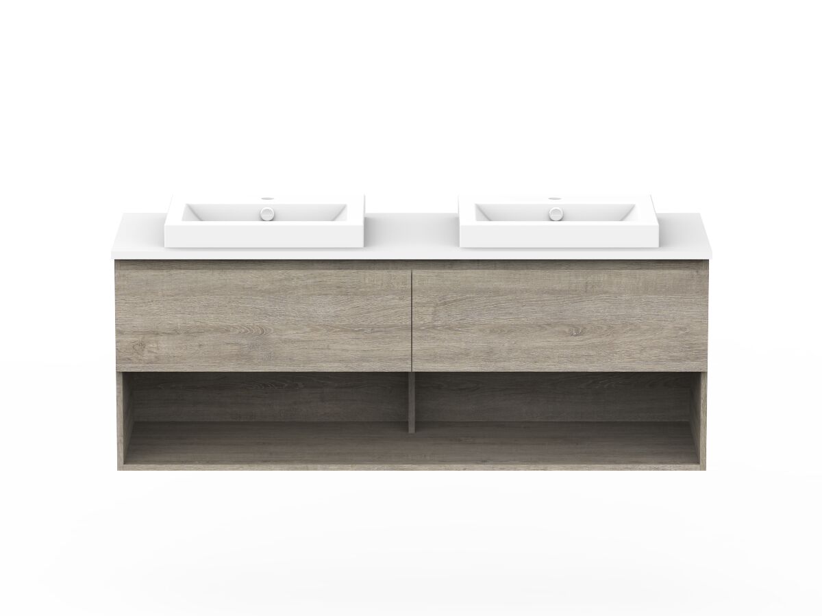 reece Posh Domaine All Drawer with Shelf 1500mm Wall Hung Vanity Double Basin 20mm Cherry Pie Top