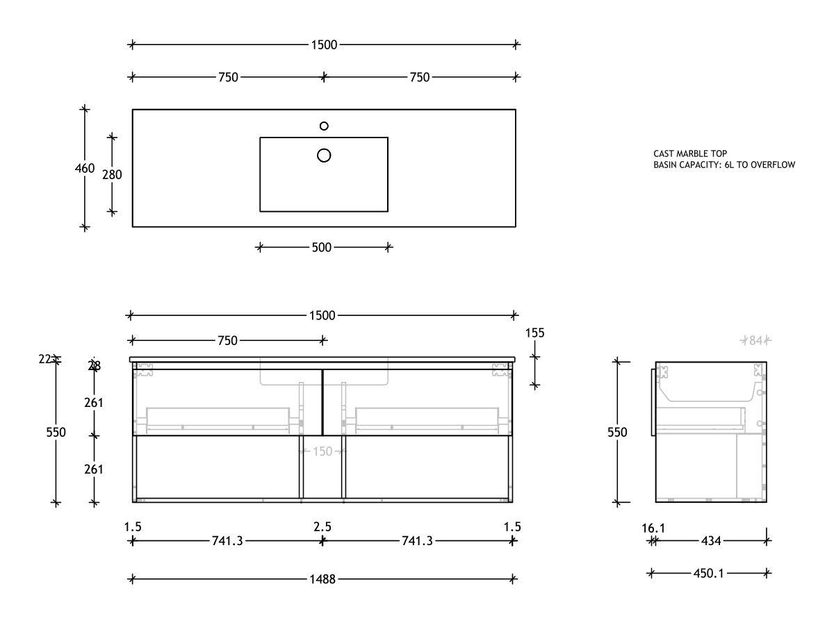 Reece Posh Domaine All Drawer With Shelf 1500mm Wall Hung Vanity Centre Basin Cast Marble Top