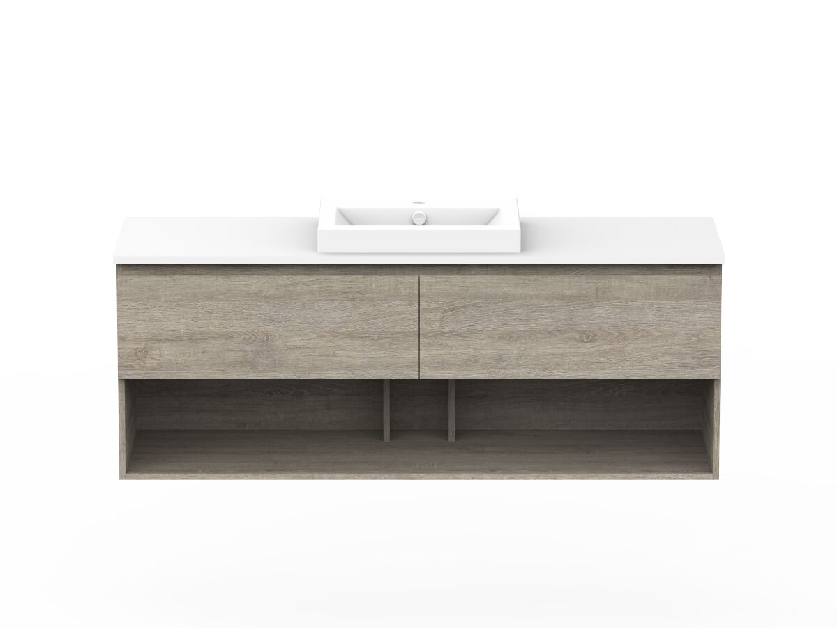 reece Posh Domaine All Drawer with Shelf 1500mm Wall Hung Vanity Centre Basin 20mm Cherry Pie Top