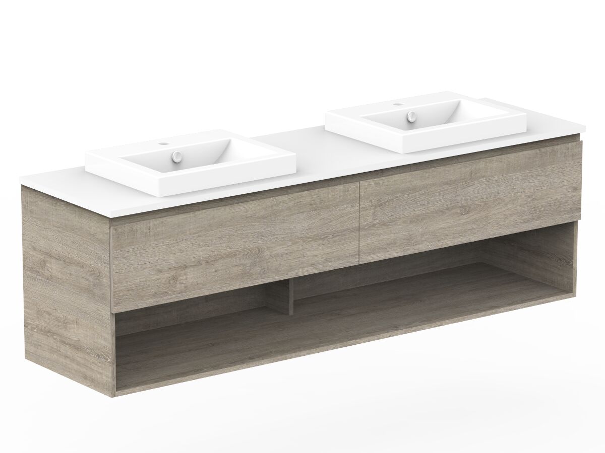 Reece Posh Domaine All Drawer With Shelf 1800mm Wall Hung Vanity Double Basin 20mm Cherry Pie Top