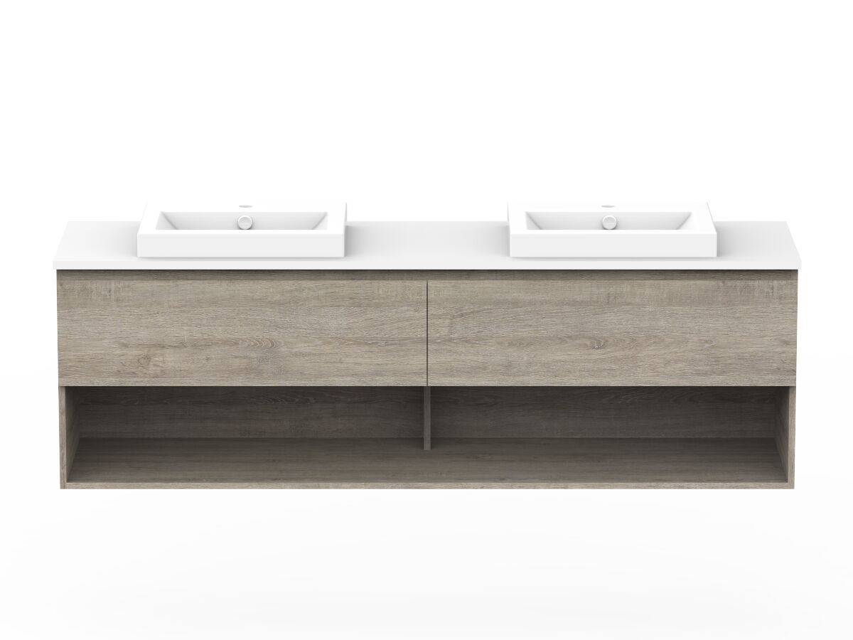 reece Posh Domaine All Drawer with Shelf 1800mm Wall Hung Vanity Double Basin 20mm Cherry Pie Top