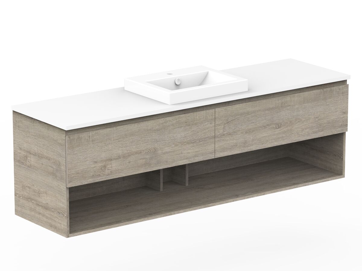 Reece Posh Domaine All Drawer With Shelf 1800mm Wall Hung Vanity Centre Basin 20mm Cherry Pie Top