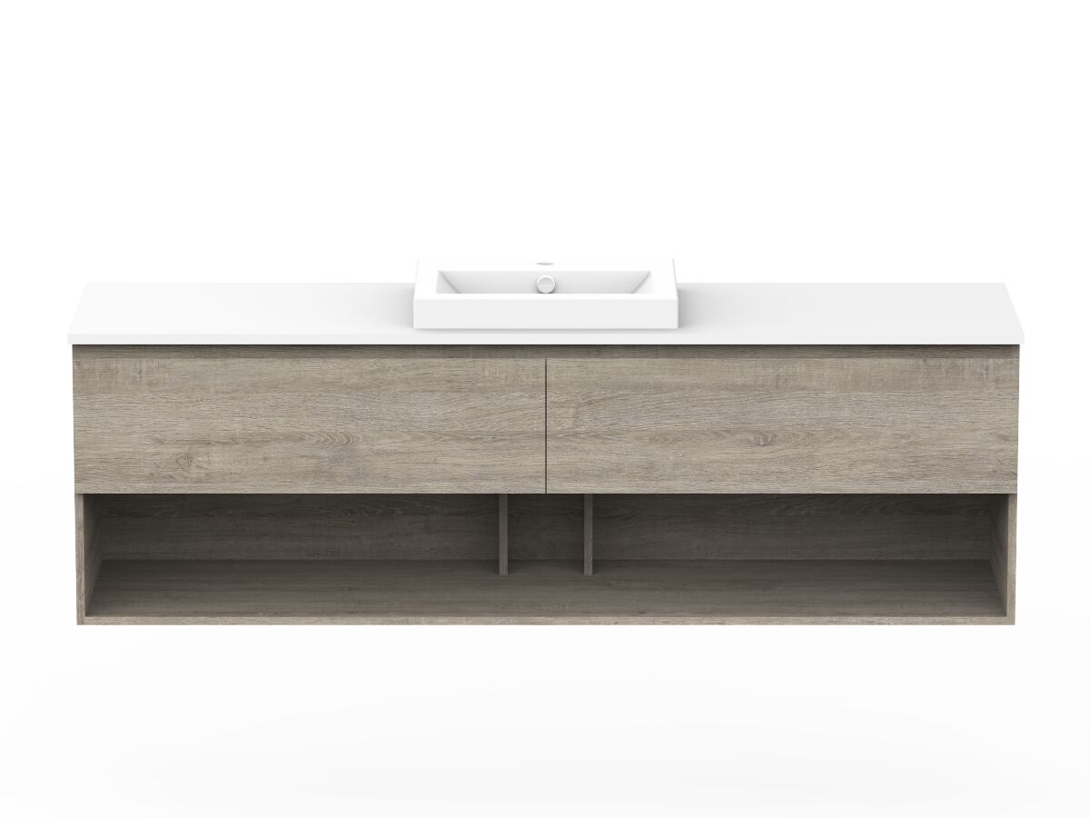 reece Posh Domaine All Drawer with Shelf 1800mm Wall Hung Vanity Centre Basin 20mm Cherry Pie Top
