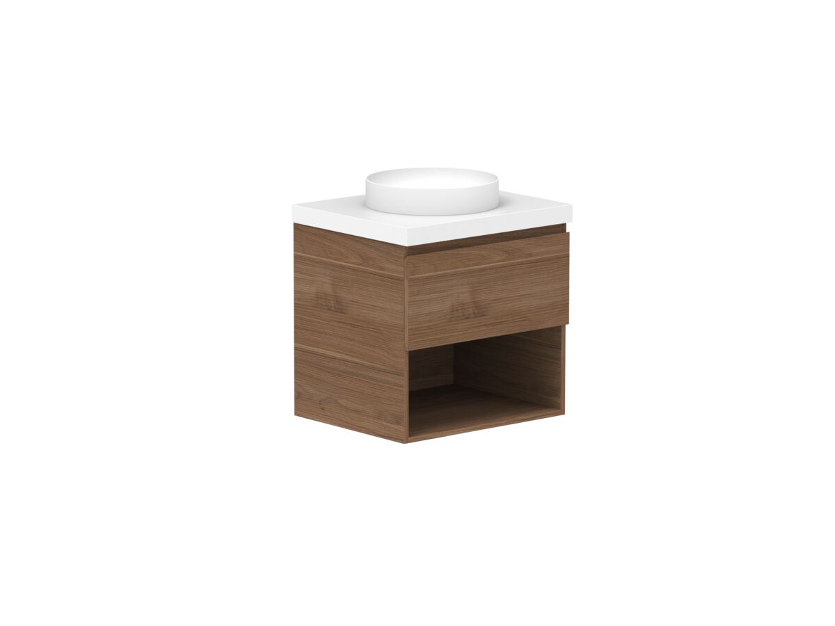 Reece Posh Domaine All Drawer With Shelf 600mm Wall Hung Vanity Centre Basin 50mm Cherry Pie Top