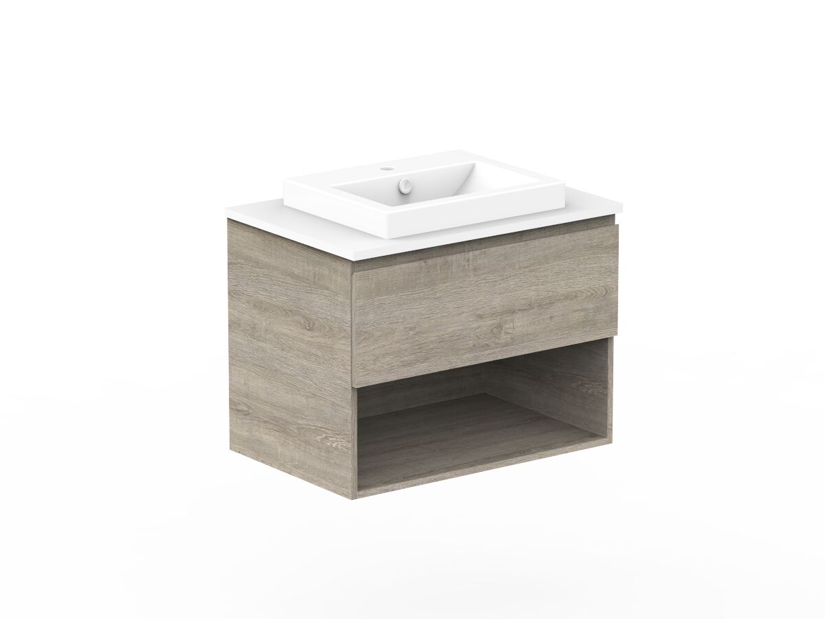 Reece Posh Domaine All Drawer With Shelf 750mm Wall Hung Vanity Centre Basin 20mm Cherry Pie Top