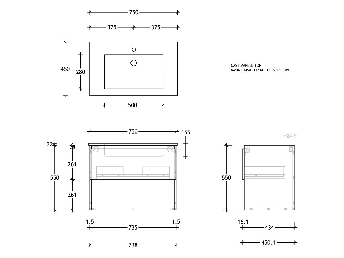 Reece Posh Domaine All Drawer With Shelf 750mm Wall Hung Vanity Centre Basin Cast Marble Top