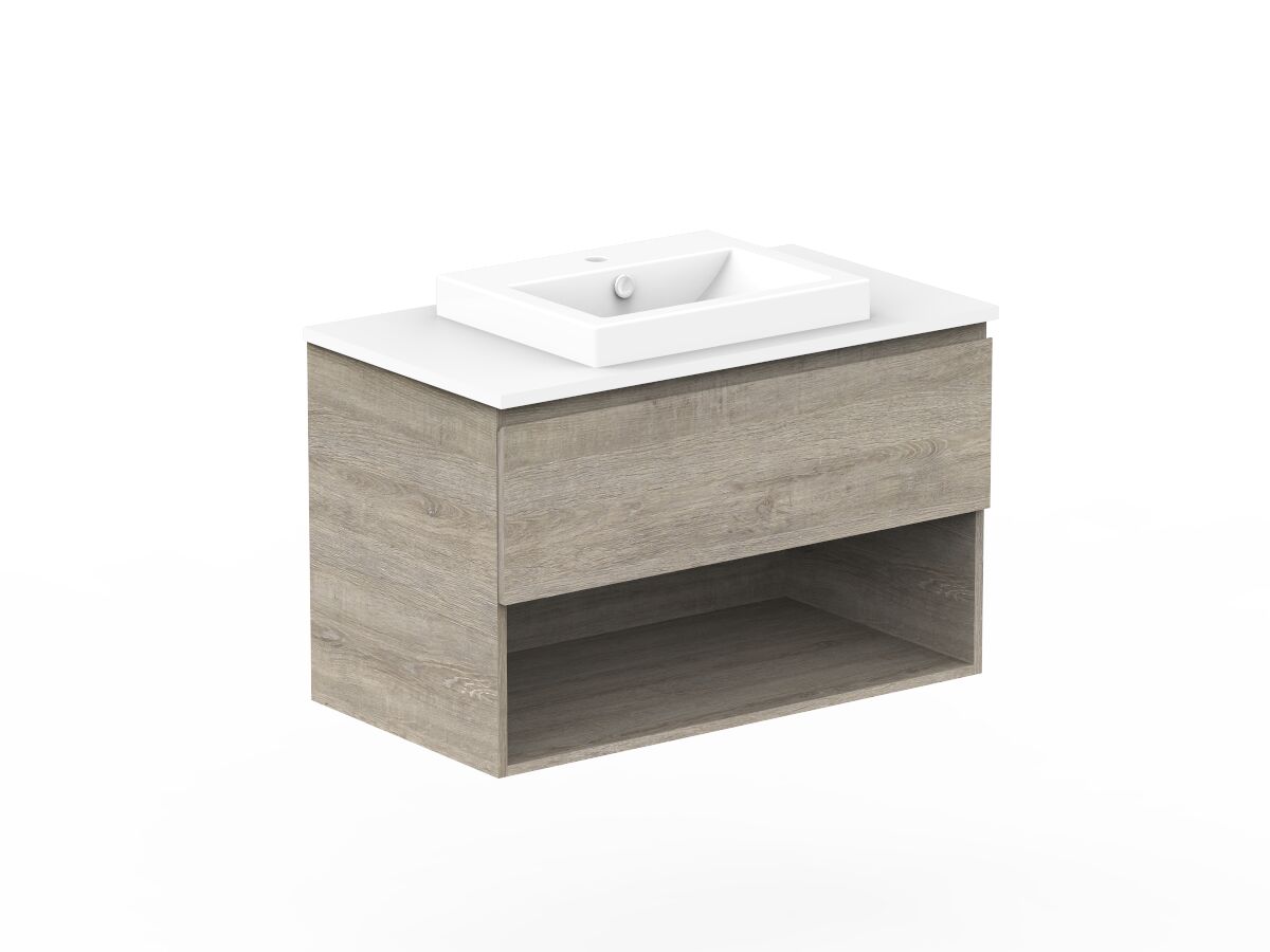 Reece Posh Domaine All Drawer With Shelf 900mm Wall Hung Vanity Centre Basin 20mm Cherry Pie Top