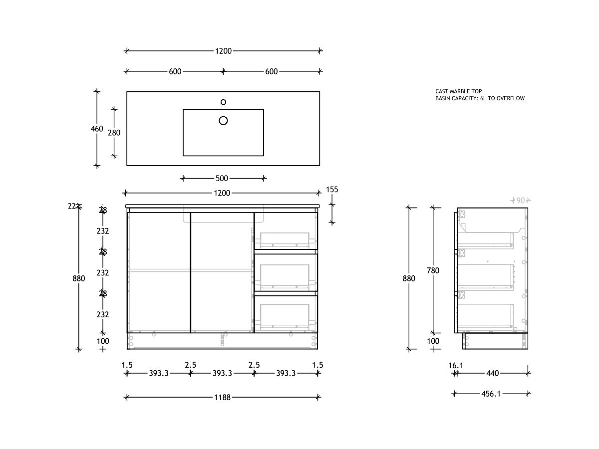 Reece Posh Domaine Conventional 1200mm Floor Mounted Vanity Centre Basin Cast Marble Top