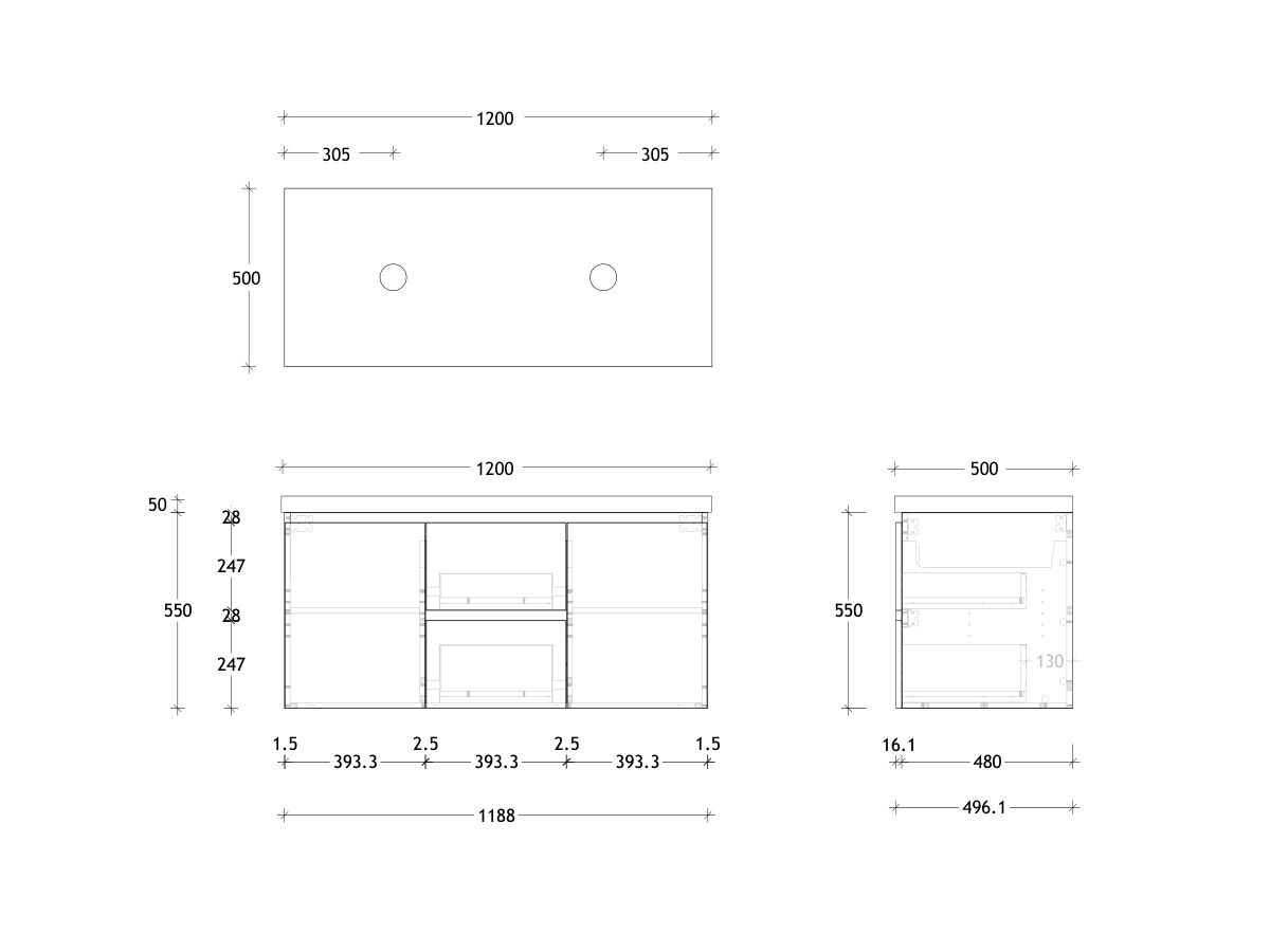 Reece Posh Domaine Conventional 1200mm Wall Hung Vanity Double Basin 50mm Durasein Top